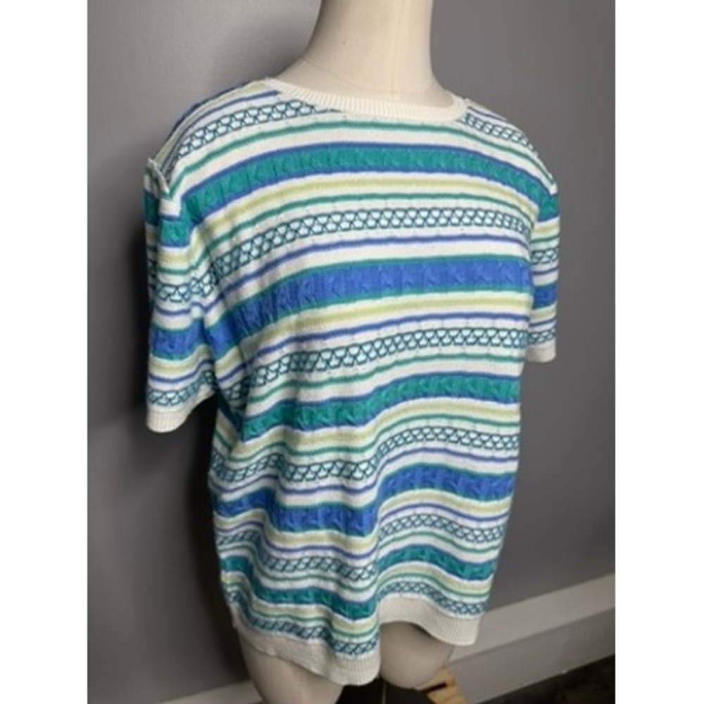 Alfred Dunner Short Sleeve Sweater Blue Green White Striped Cable Knit Large